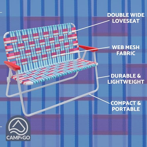 CAMP & GO 16.5" High Seat Outdoor Double Wide Loveseat Web Folding Chair, Blue/Red