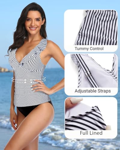 Women’s Ruffle V-Neck Tankini Top - Tummy Control Swimsuit, Medium, Black & White Stripes