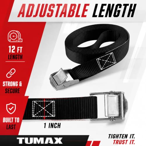 TUMAX Black 6-Pack 1" x 12FT Cam Buckle Tie Down Straps - Heavy Duty Cargo Securing
