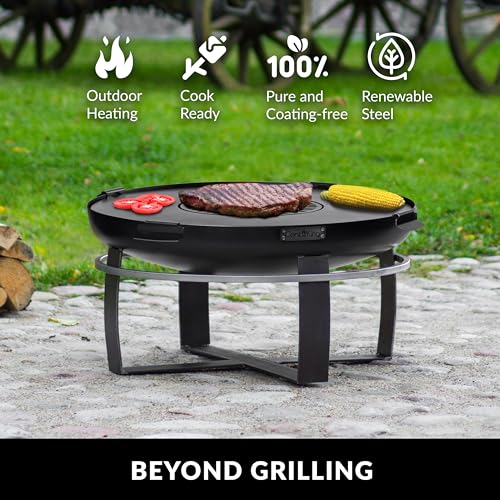 Ignition 24" Handcrafted Cooking Fire Pit with Cooking Grill Plate, Cover Lid and Wood Burning for Backyard Bonfire Campfire for Outside, Medium Outdoor Raw Steel Firepit, by Good Directions