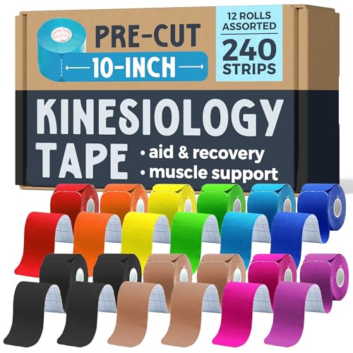 Kinesiology Tape Precut Strips - Assorted 12 Pack for Knee & Body Support