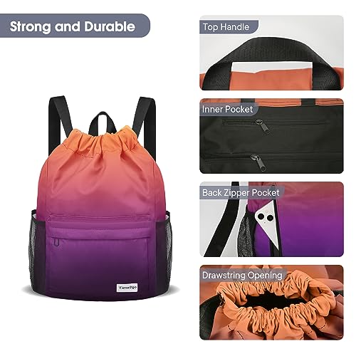 Water-Resistant Drawstring Gym Backpack with Mesh Pockets - Orange Purple
