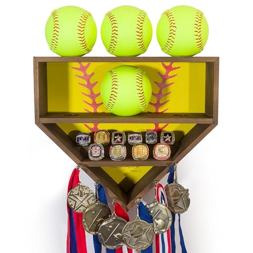 Wooden Softball Display Case Wall Mount for Medals & Rings - Collection Holder