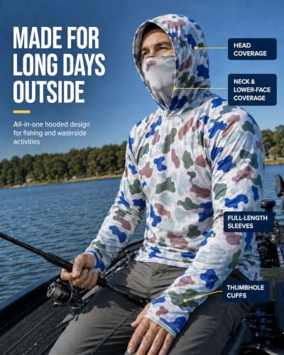 Men's UPF 50+ Sun Protection Hoodie Fishing Shirt with Face Mask - Large, Yellow/Army Green/Light Gray