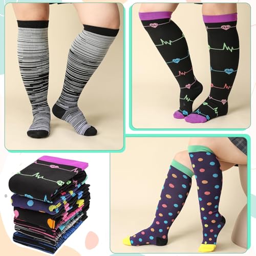 Plus Size Compression Socks for Women 6 Pairs Wide Calf Multicolor XX-Large