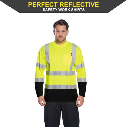 CAMNWAMN Apparel High Visibility Shirts, Long Sleeve Hi Vis Reflective Safety Shirts with Pocket for Men (Medium, Yellow+Black 4 Pack)