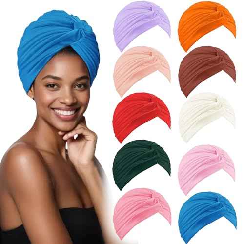Barelove 10 Pieces Stretch Turbans Chemo Head Wrap Cancer Head Beanie Twisted Turban Cap Cover Hats for Women
