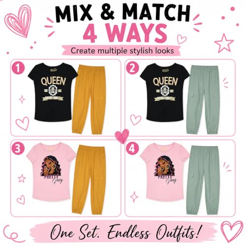 Girls Jogger Pants Set with Glitter & Foil Graphic Fleece Lounge Pants - 4 Pack