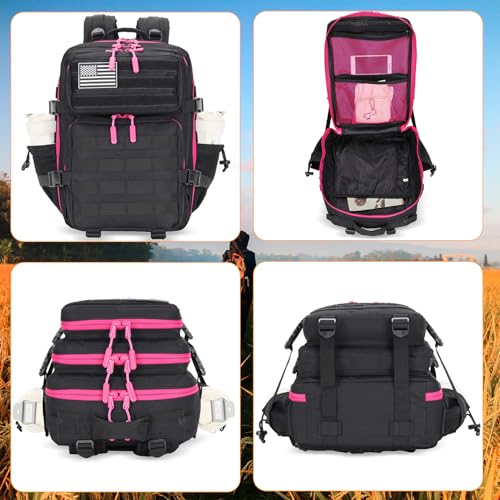 Tactical Military Backpack Small Travel Pack with Bottle Holder - Black Neon Pink