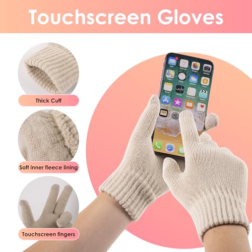 Women's Beanie Hat Gloves Set, Fleece Lined Winter Hat with Touchscreen Gloves for Cold Weather