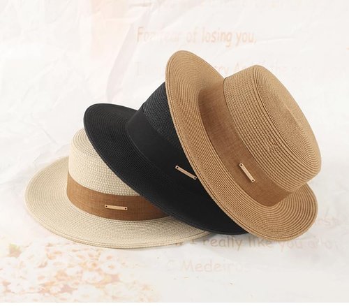 Straw Beach Sun Hat Pork-Pie Boater-Hat for Women Men - Summer Wide Brim Uv-Rays Panama Hat Black