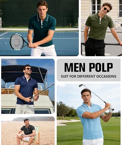 Men's Short Sleeve Polo Shirts Pack - Athletic Golf Polos with Pocket, Large Black Blue Red Gray Navy