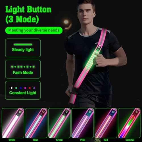 LED Reflective Belt Sash,6 Colors & 3 Light Modes High Visibility Night Rechargeable Safety Belt Adjustable Reflective Running Gear for Men Women Running Cycling Walking and Dog Walking