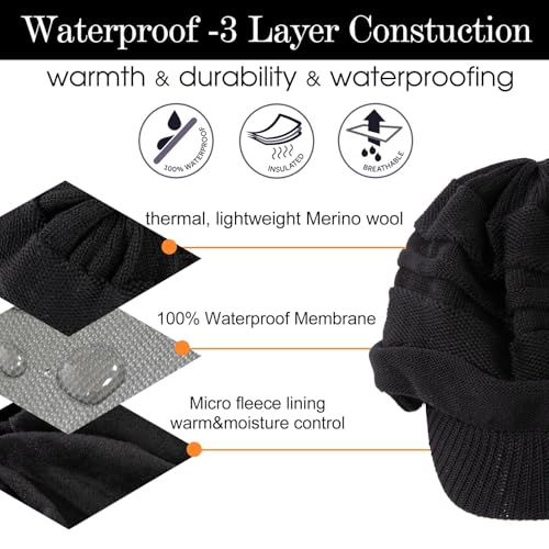TOP-EX DryKnit¢â Winter Waterproof Merino Wool Visor Beanie Hat with Brim for Men Women, Knit Cap Stocking Warm Fleece Lined