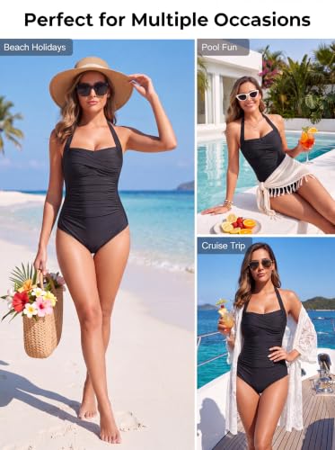 Women’s Tummy Control Halter One-Piece Swimsuit - Vintage Bathing Suit, Large / Black