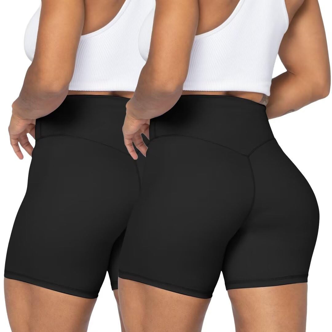 Sunzel Women's Biker Shorts in High Waist Tummy Control with No Front Seam 5" Black+Black (2 Pack) Large