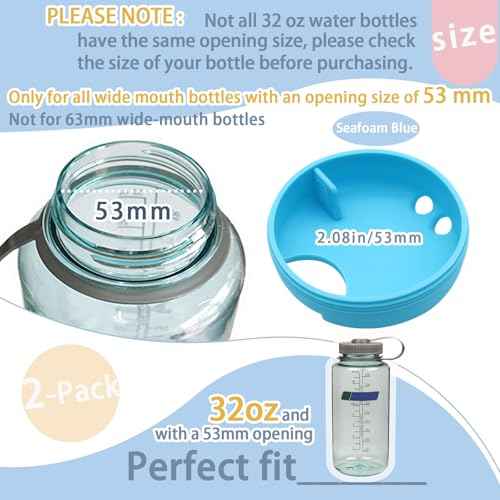 2-Pack Silicone Splashguard for Nalgene, Splashguard Lid Wide Mouth for Nalgene Splash Guard 32 oz Wide Mouth Water Bottle Accessories, Seafoam Blue,for All Wide-Necked Bottles with 53 mm Opening