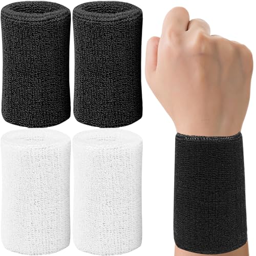 Sport Sweatbands for Men & Women 6 Inch Absorbent Cotton Wrist Bands - Black+White 4 Pack