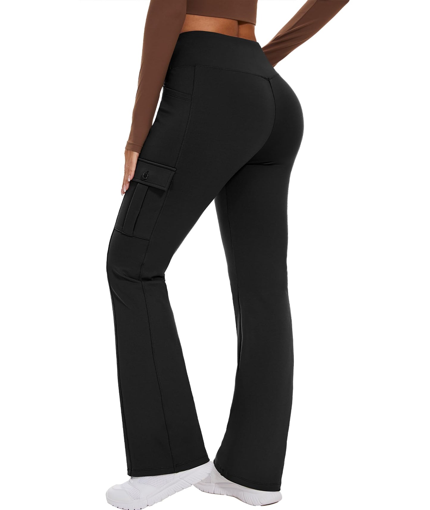 Casei Women's Yoga Flare Leggings 5 Pockets Crossover High Waisted Stretch Cargo Pants Workout Travel Scrub,Black(L)