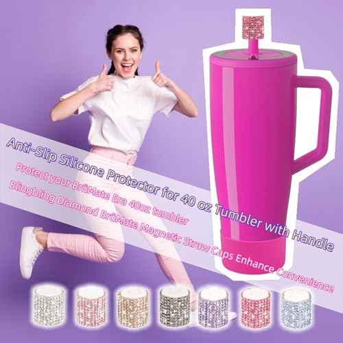 Silicone Boot and Rhinestone Magnetic Straw Cover Cap Compatible with Br?Mate Era | Anti-Slip Silicone Protector for 40 oz Tumbler with Handle | Accessory Set for Stainless Steel Drinking Cup