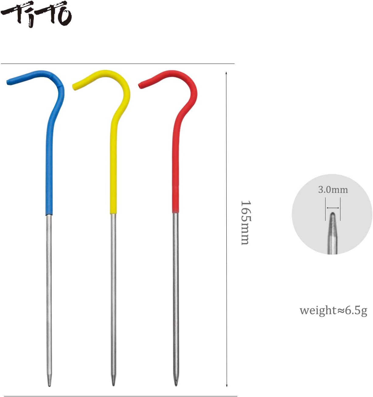 TITO Titanium Shepherd's Hook Tent Stakes Tent pegs Nail pegs Dia 3.0mm and Length 165mm only 6.1G.(Pack of 6) (Silver)