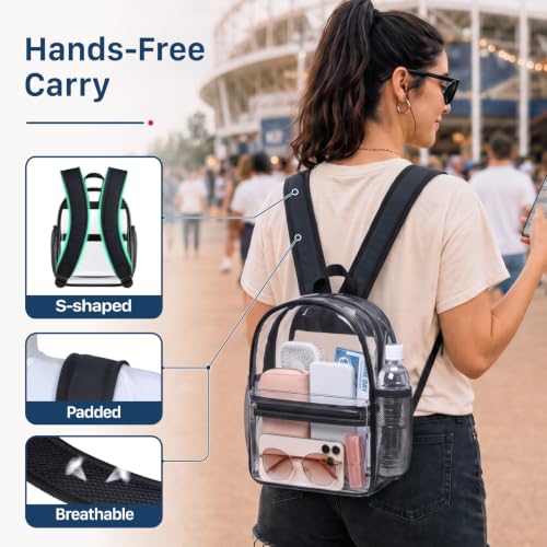 PACKISM Small Clear Backpack for Stadium Events - Black, 11.6 x 8.8 x 6.3 Inches