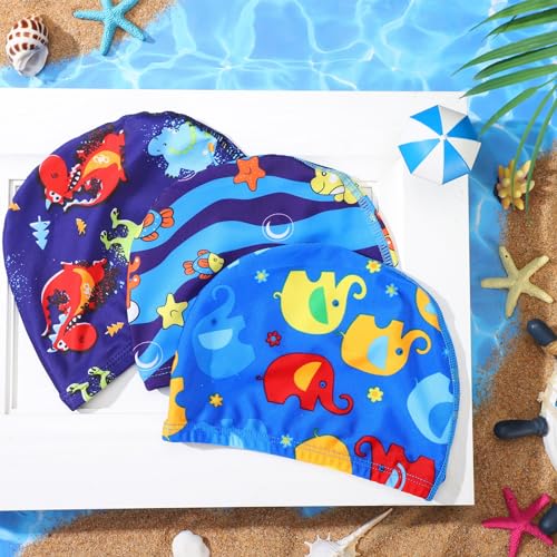 Geyoga Kids Swim Caps 3 Pieces Bathing Swimming Hats Unisex Polyester Bathing Pool Cap Summer Swim Caps for Boys Girls Long Short Hair