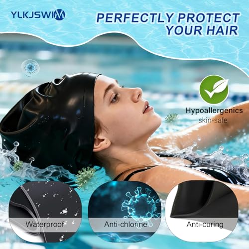 Extra Large Waterproof Swim Cap for Braids Dreadlocks & Curly Hair - Black & Blue