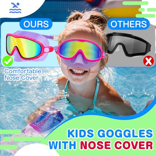 Kids Swim Goggles with Nose Cover 2-Pack Mirrored Blue & Purple Anti-Fog UV