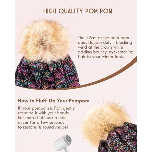 Winuesa Winter Hats for Women with Pom Pom, Womens Beanie Fleece Lined for Cold Weather, Multicolor Ski Skull Cap for Ladies