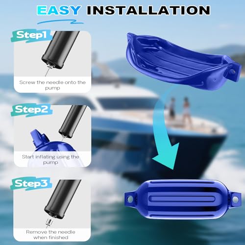 Navy Blue Boat Fenders 4-Pack with Ropes - 6.5x23 Inch Ribbed Twin Eye Marine Bumpers