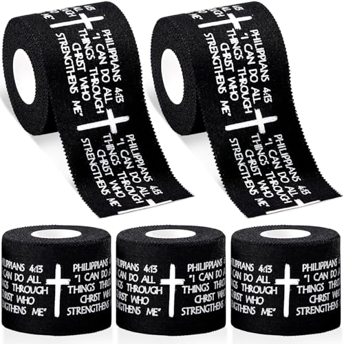 5Pcs Christian Athletic Tapes 2in x 23ft Black Cotton Zinc Oxide Sport Tape Faith Cross Sports Wristbands Religious Bible Verse Wrist Tape for Football Baseball Gymnastic Boxing First Aid Injury Wrap