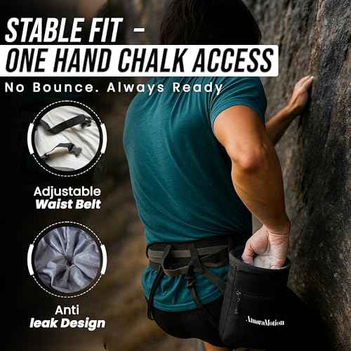 Chalk Bag for Rock Climbing ? Rip-Stop Water-Resistant Nylon, Stiffened Rim Secure Drawstring Climbing Chalk Bag With 2 Zipper Pockets, 2 Brush Holders, Towel Loop & Bonus Carabiner - Bouldering & Gym