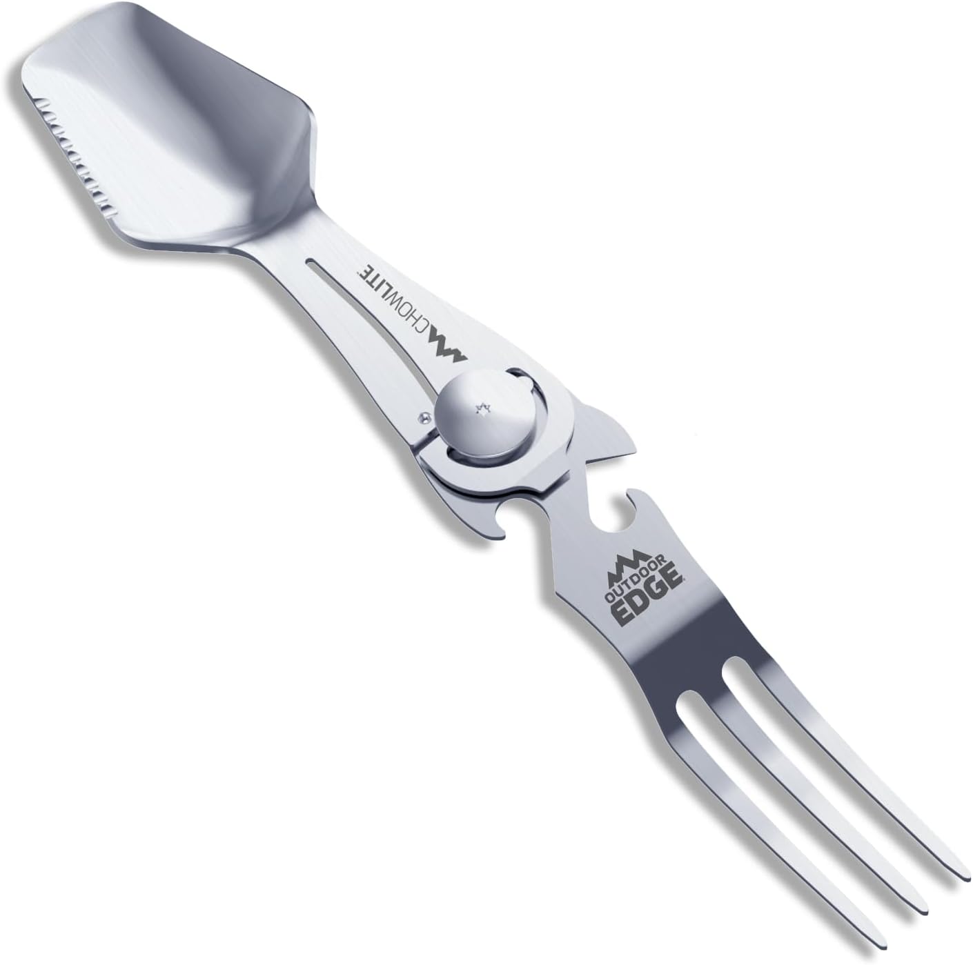 OUTDOOR EDGE Chowlite - Mealtime Multitool with Folding/Locking Fork, Spoon, Bottle Opener, Can Opener and Screwdriver - 100% Stainless Steel - Perfect for Camping, Hiking, Backpacking and Hunting