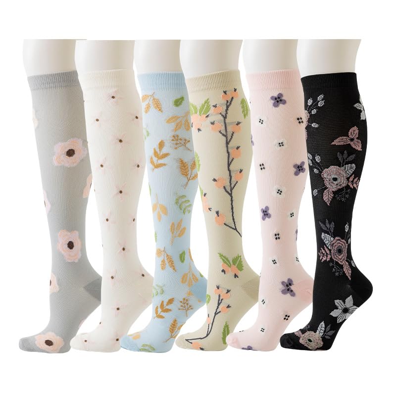 Men Women Knee High Compression Socks 15-20mmHg Support S/M Flowers