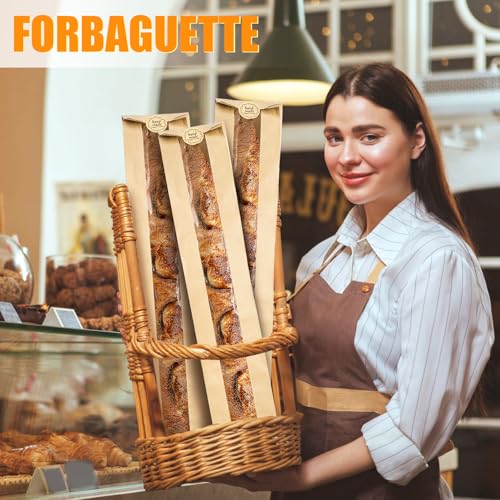 100 Pack Baguette Kraft Bags with Clear Window and Seal Stickers - 23x4x1.6 Inches