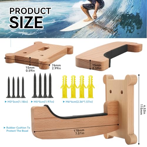 Surfboard Wall Mount Rack ? Beech Wood Surf Board Wall Hangers with M6 Expansion Bolts ? Vertical or Horizontal Surfboard Storage for Longboard, Shortboard, Skimboard