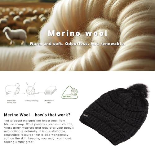 TOP-EX PolarWool¢â 100% Merino Wool Winter Slouchy Beanie for Women with Faux Fur Pom - Satin or Fleece Lined for Cold Weather