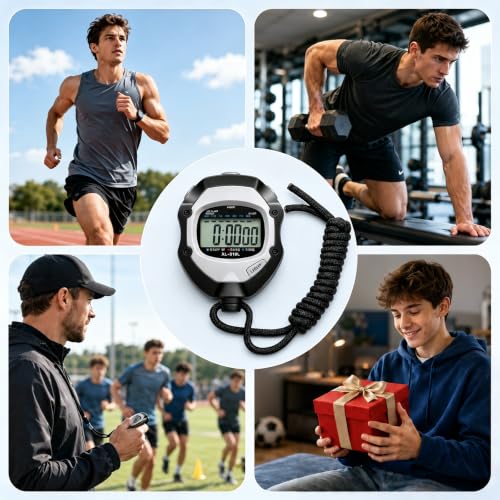 Therivo Black Digital Sports Stopwatch Timer with Large Backlit Display - Lap, Split, 12/24H, Alarm, Calendar for Coaches & Athletes