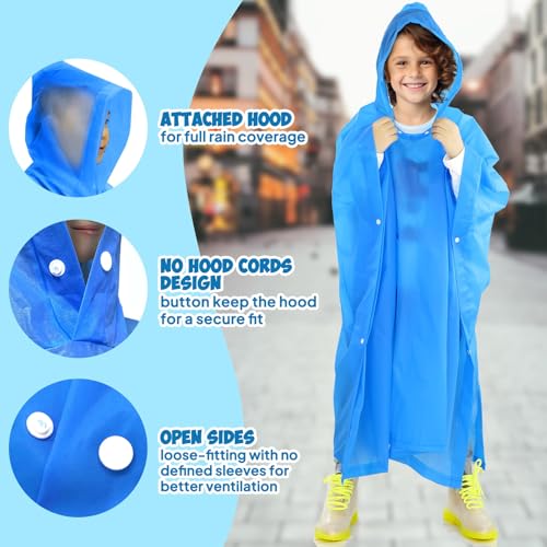 Kids Waterproof Reusable Rain Poncho Set - Blue 2 Pack - Hooded Outerwear for Boys & Girls
