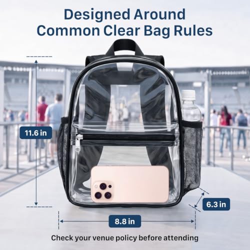 PACKISM Small Clear Backpack for Stadium Events - Black, 11.6 x 8.8 x 6.3 Inches