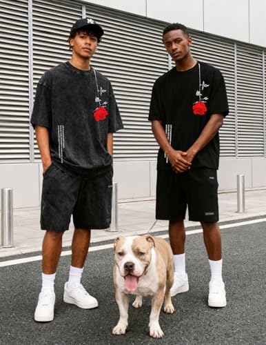 Men's Oversized Graphic T-Shirt - Washed Short Sleeve Tee Large Rose-Black