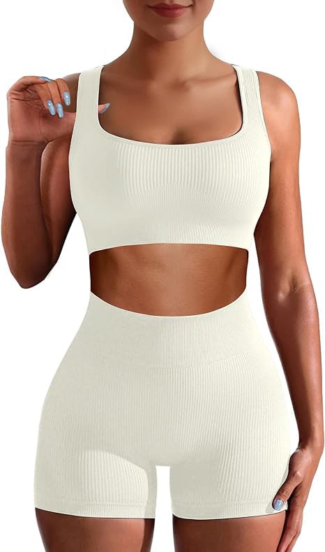 Seamless Ribbed High Waist Workout Set for Women Summer with Sports Bra - Beige / Medium