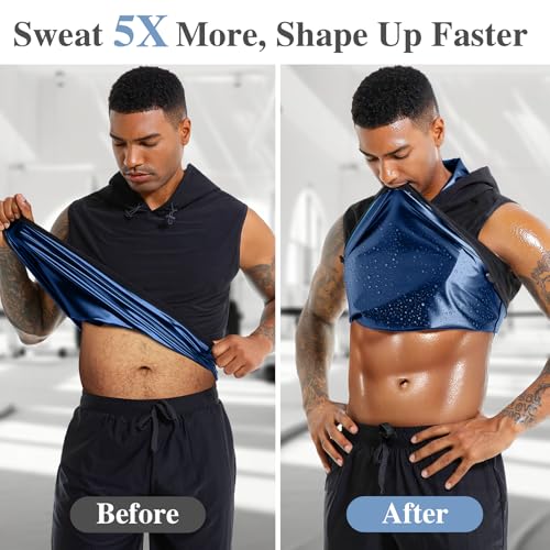 Sauna Shirt for Men - Heat Trapping Workout Vest with Hood - Black-Blue XL