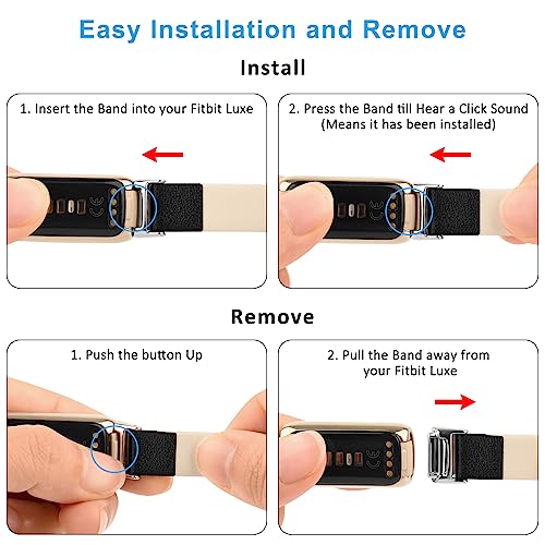 Vancle Leather Watch Band Compatible with Fitbit Luxe - Black, Adjustable Replacement Strap for Women & Men