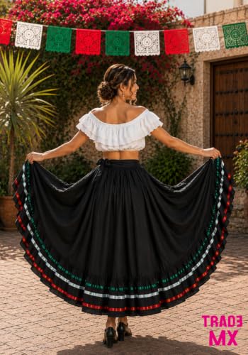 Mexican Flamenco Bomba y Plena Belly Dance Skirt - Black Tricolor Adult Size