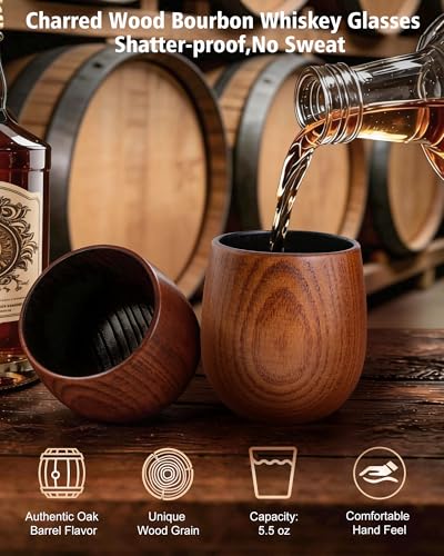 Charred Wooden Whiskey Glass Set with Stainless Steel Stones - Christmas Gifts for Men