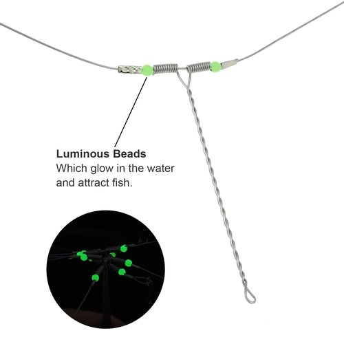 Conskyee 10pcs Fishing Leaders, High-Strength Stainless Steel 70LB 3Arms Wire Leader, Saltwater Tackle Rigs Fishing Leader Line Rig with Snaps Luminous Beads for Lures Bait Hooks