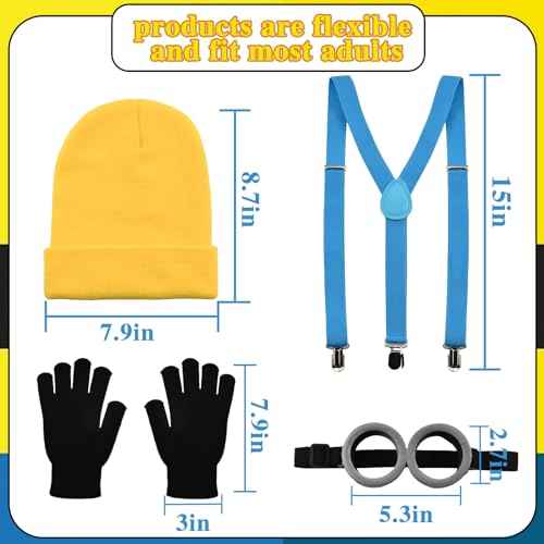 4Pcs Costume Accessories Adult Steampunk Goggles Glasses Blue Y-Back Suspenders Yellow Beanie Hats Black Gloves Perfect for Birthday Party and Halloween Cosplay Party