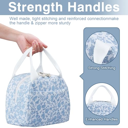 Insulated Corduroy Lunch Bag with Floral Pattern - Reusable Large Capacity Cooler Tote for Women
